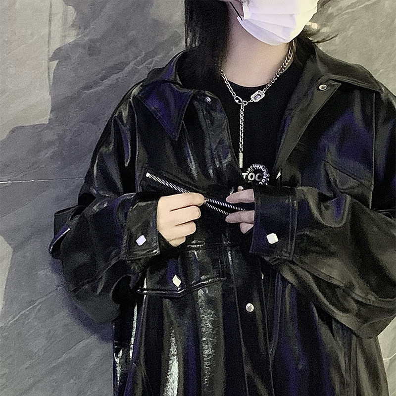 rmdt原创设计黑色情侣短款不规则亮面皮衣夹克皮衣