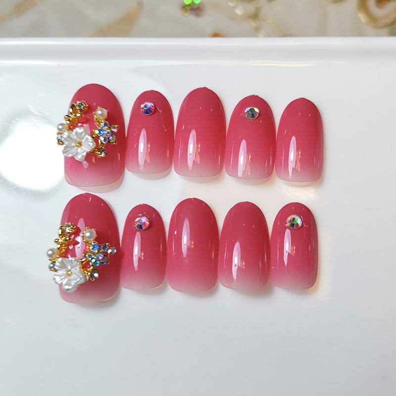 甜美桃红色花朵轻奢美甲甲片成品镶钻珍珠圆头美甲工具
