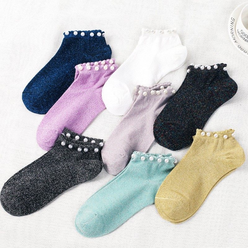 珍珠袜子女银葱亮丝柔软花边短袜甜美百搭泡泡短袜