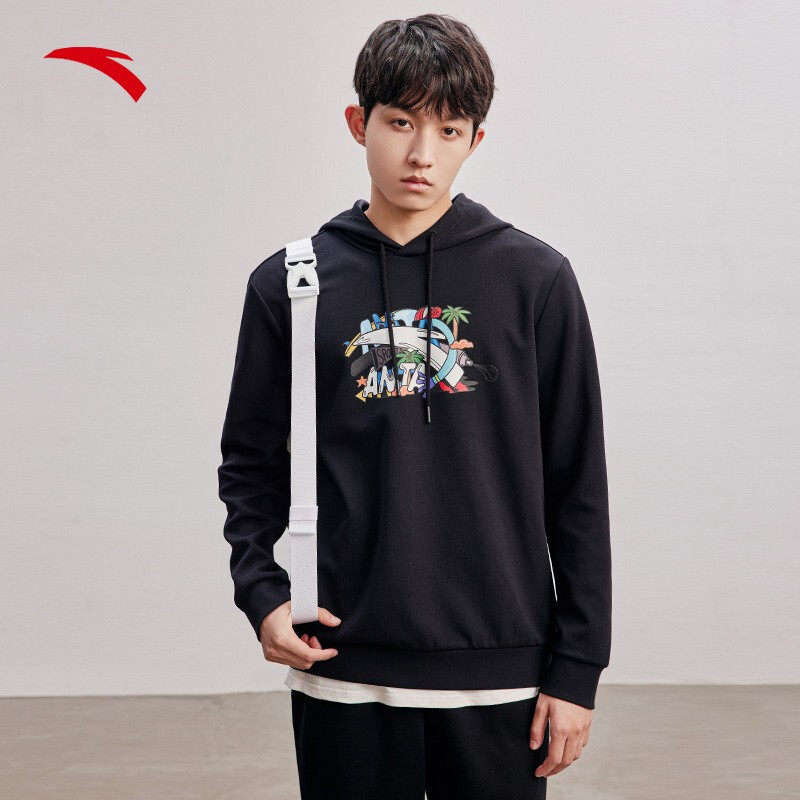 安踏运动卫衣男女款官方正品潮牌黑色连帽上衣情侣休闲宽松套头衫-mc