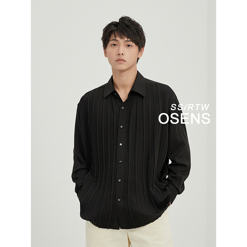 OSENS男装 “瞬凉感”冰氧吧重工长丝高弹立体压褶设计款长袖衬衫