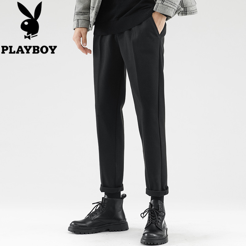 花花公子毛呢裤子男秋冬季款直筒宽松加厚西装裤冬天黑色休闲长裤