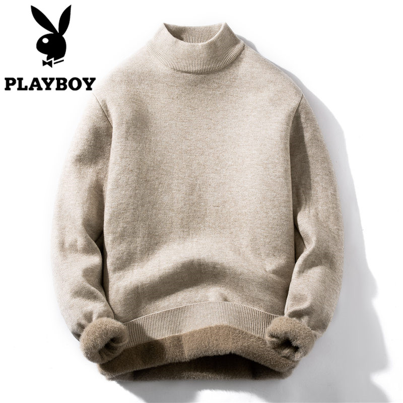 花花公子毛衣男士半高领宽松秋冬季加绒加厚保暖内搭打底针织衫潮