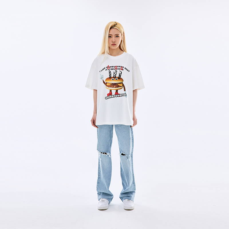 Onthereverse(oeee)潮牌韩系汉堡堡卡通人物印花短袖宽松男女t恤T