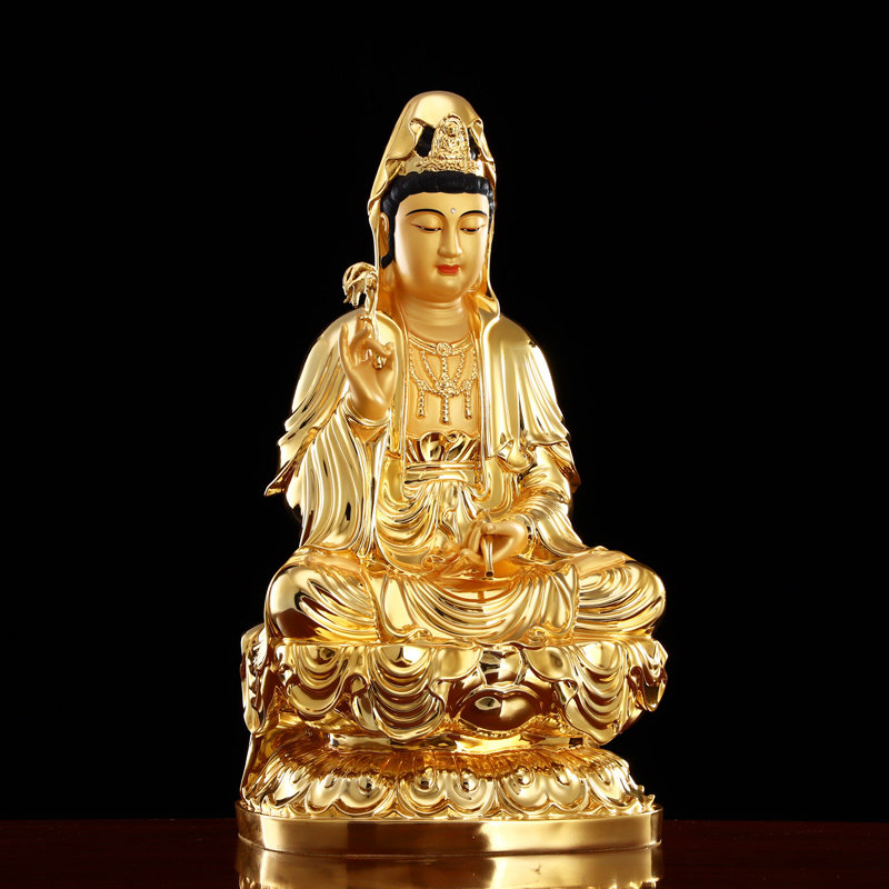 观音坐莲佛像台湾工艺纯铜全金南海菩萨家用摆件
