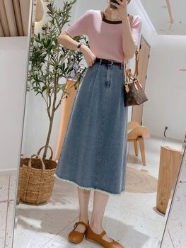 ສິ້ນກະໂປງ denim Lyocell Tencel ສໍາລັບແມ່ຍິງ summer ເຢັນຂະຫນາດໃຫຍ່ທີ່ມີຮູບຊົງ pear ຮູບຊົງແອວສູງ slim drape ສິ້ນ A-line