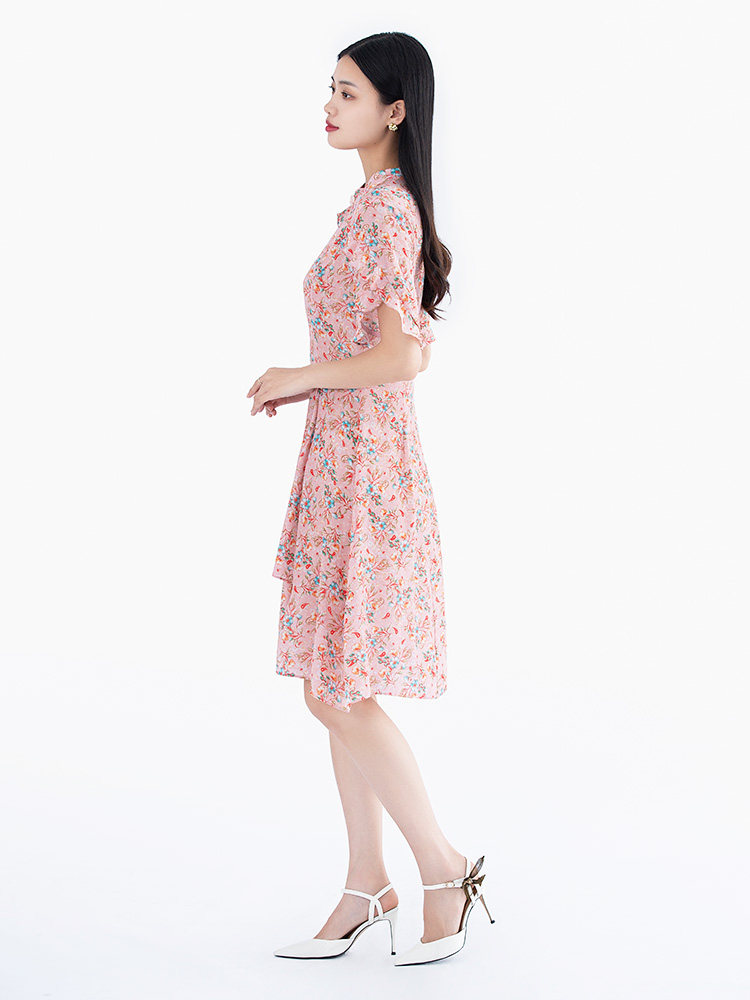 eahchanie奕辰女装夏款真丝连衣裙碎花荷叶长裙高腰连衣裙