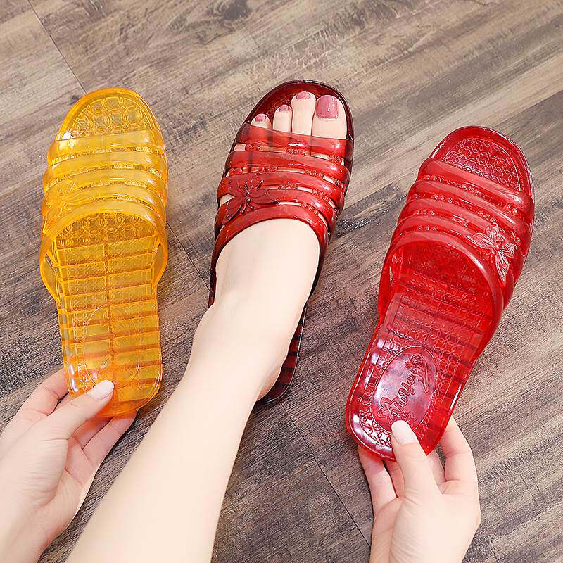 水晶塑料室内拖鞋女夏季果冻色浴室凉拖鞋透明防滑防臭妈妈一字拖