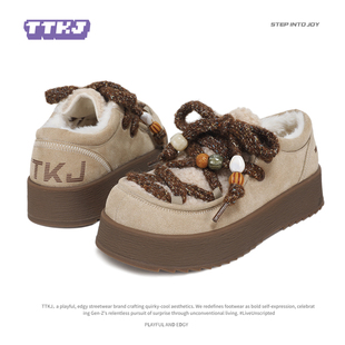 TTKJ加绒袋鼠鞋女2025冬季保暖雪地靴懒人毛毛棉鞋厚底大头勃肯鞋