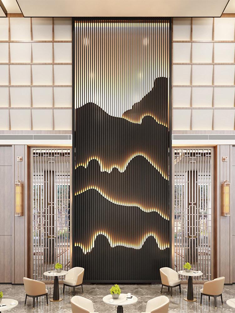 不锈钢屏风定制金属鱼鳞装饰玄关入户假山钛金屏风