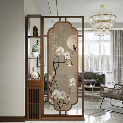 新中式客厅遮挡花鸟简约格栅玄关房间屏风实木座屏