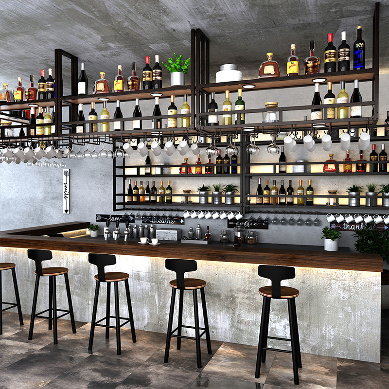 吧台铁艺装饰吊架实木吊顶吊柜高脚杯酒吧悬挂式酒架