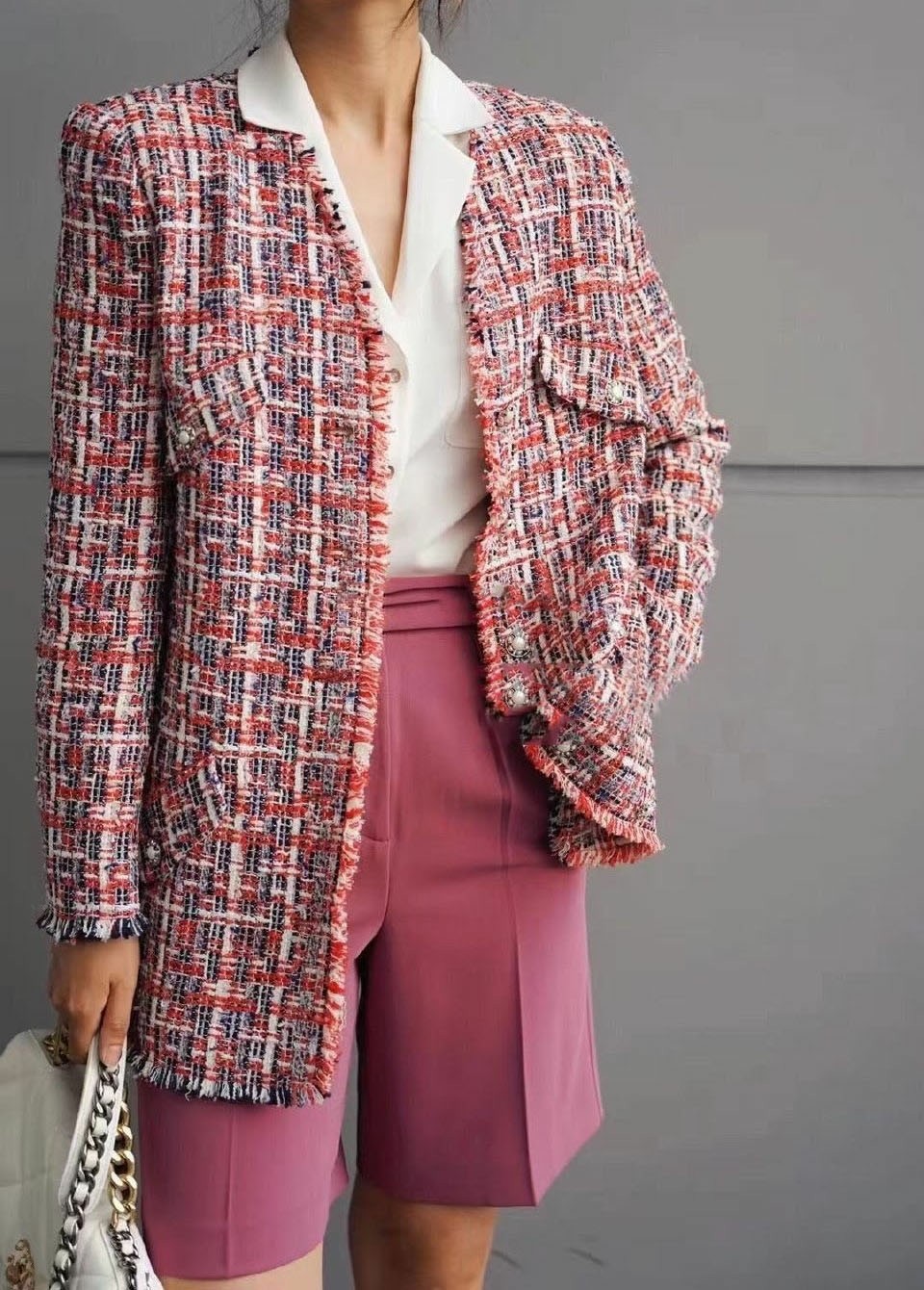 欧阿玛施女装专柜正品2022秋季新款粉红粗花呢小香风长袖外套女