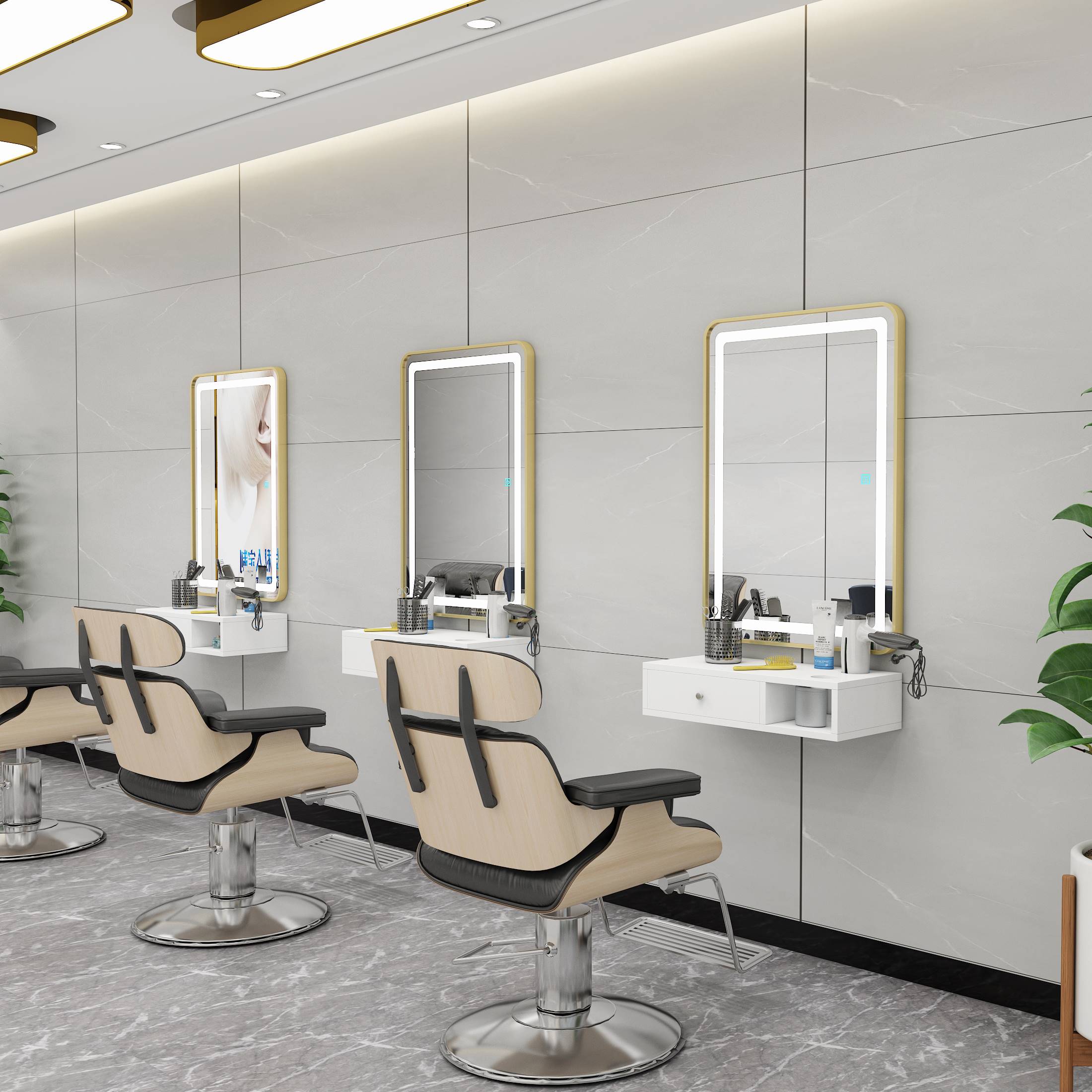 网红理发店镜台美容美发镜子发廊专用壁挂剪发带灯理发镜台