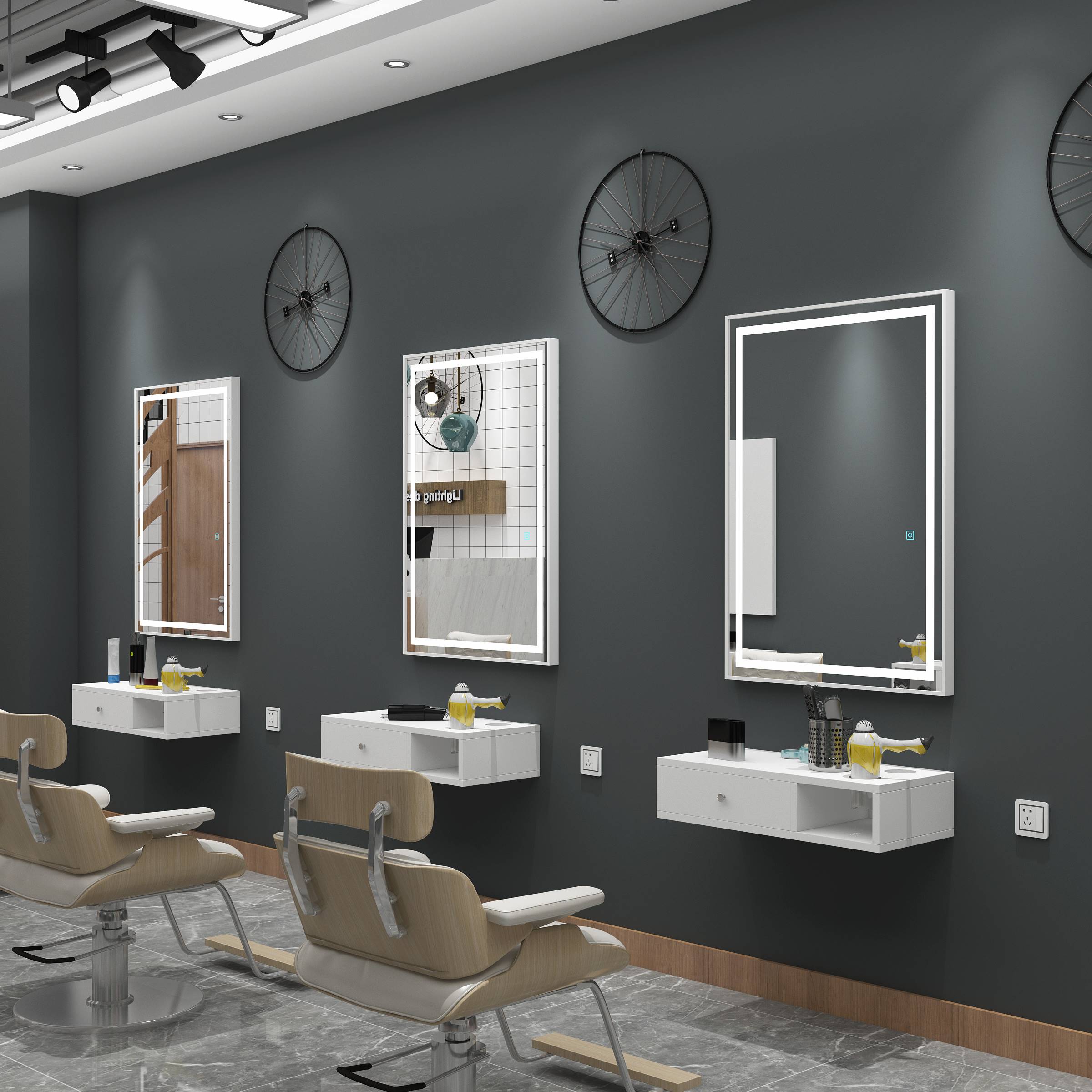 网红理发店镜台美容美发镜子发廊专用壁挂剪发带灯理发镜台