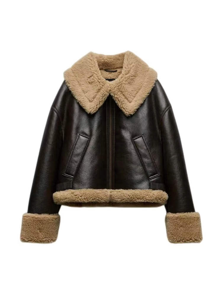 m2655秋冬新款女装皮毛一体短款拼接夹克机车服短外套长袖加绒