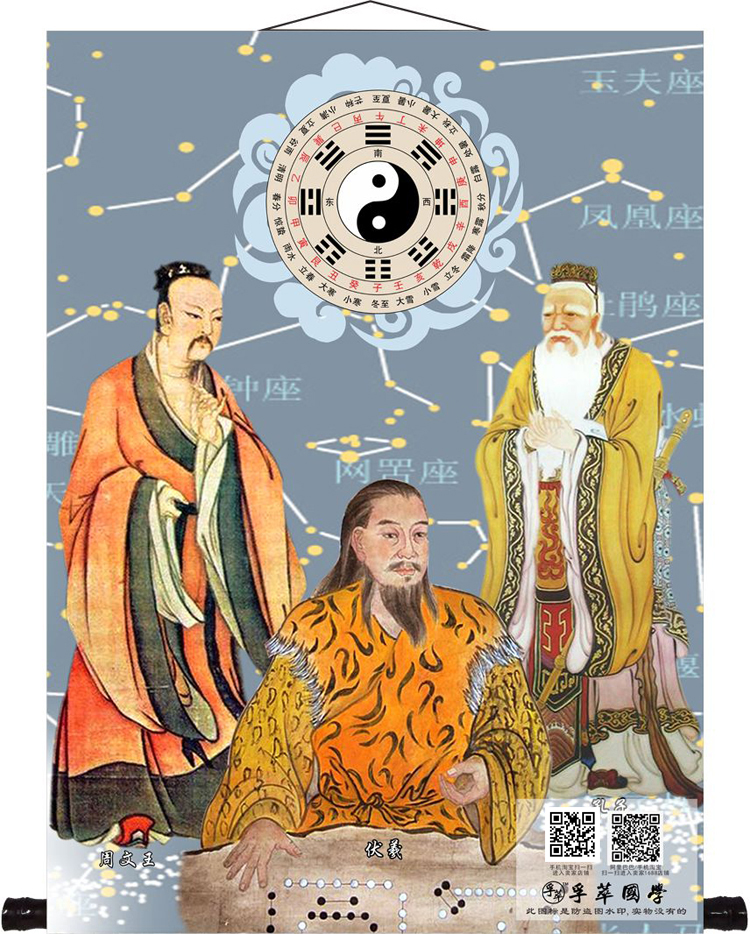 三圣图挂画周易经易更伏羲周文王孔子画像八卦太极图书房装饰壁画