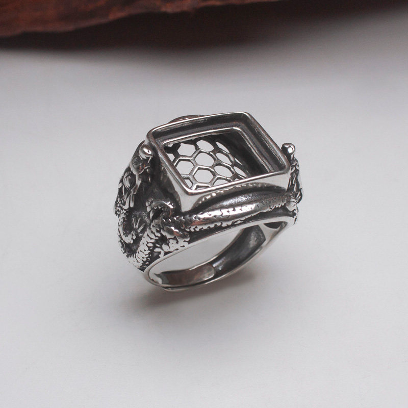 戒指纯银方形戒托男泰银复古龙图腾空托diy镶嵌戒指