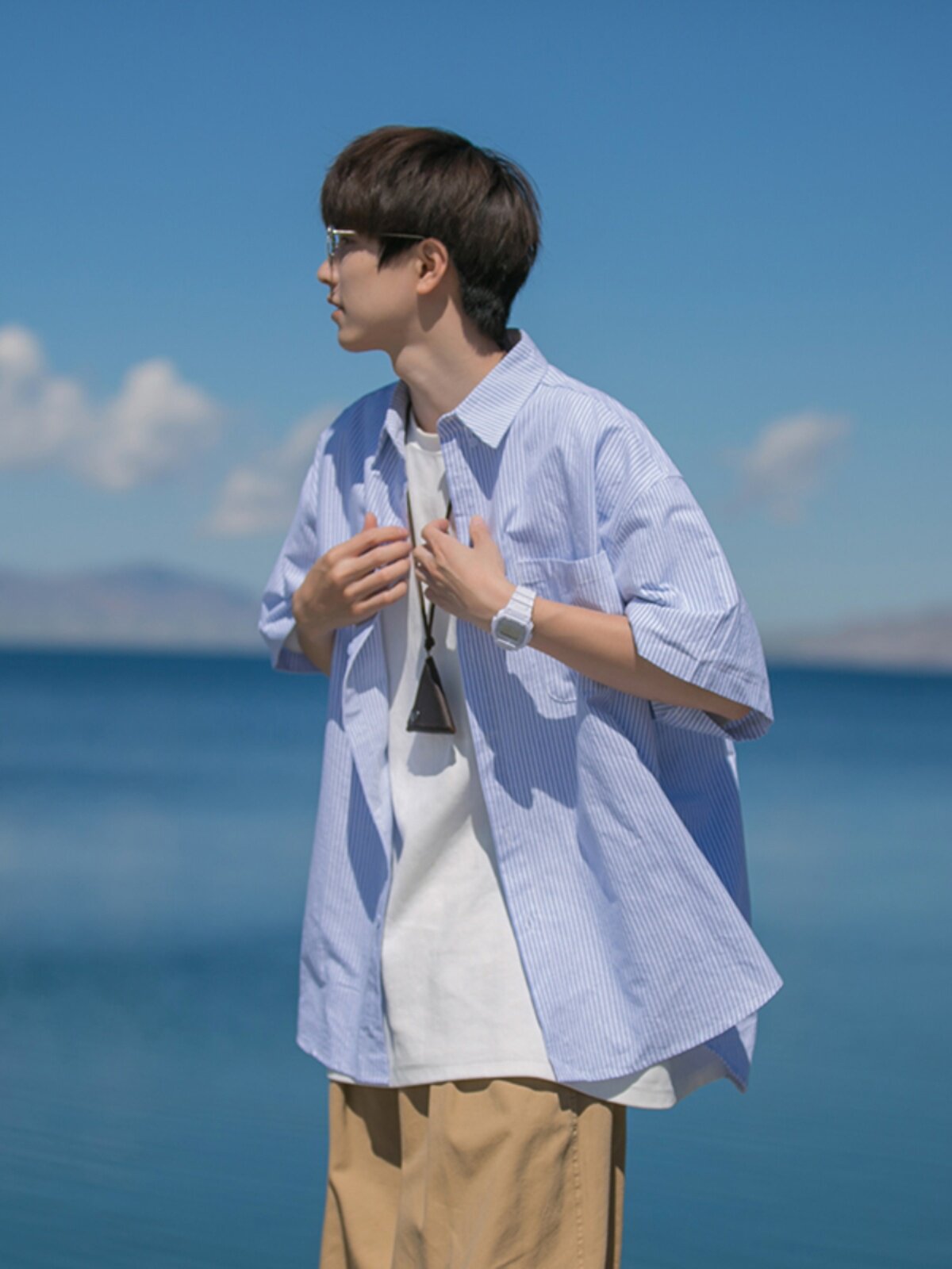 日系cityboy短袖衬衫男生酷帅穿搭套装高级一套衬衫