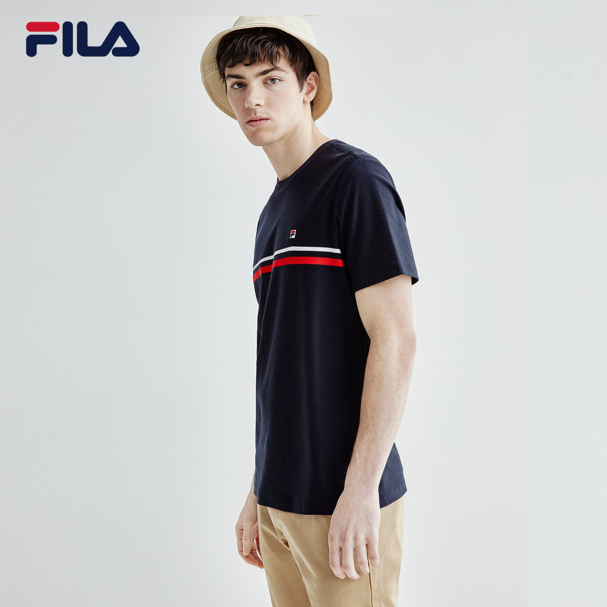 fila斐乐官方男子短袖夏季新款条纹商务圆领运动t恤