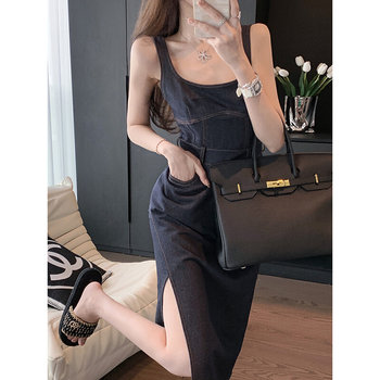 Denim dress ສໍາລັບແມ່ຍິງ summer 2023 ການອອກແບບໃຫມ່ niche ຄົນອັບເດດ: temperament waist-cinching retro slimming ຍາວ skirt