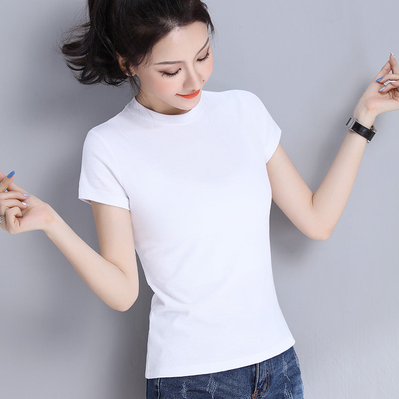 白色短袖t恤修身显瘦半高领打底衫螺纹棉质纯色百搭修身显瘦好面料精