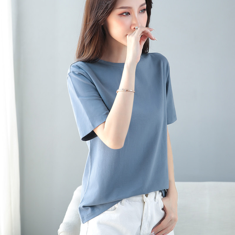 雾霾蓝色短袖夏纯棉宽松显瘦t恤纯色百搭优质棉好面料精做工不易褪色