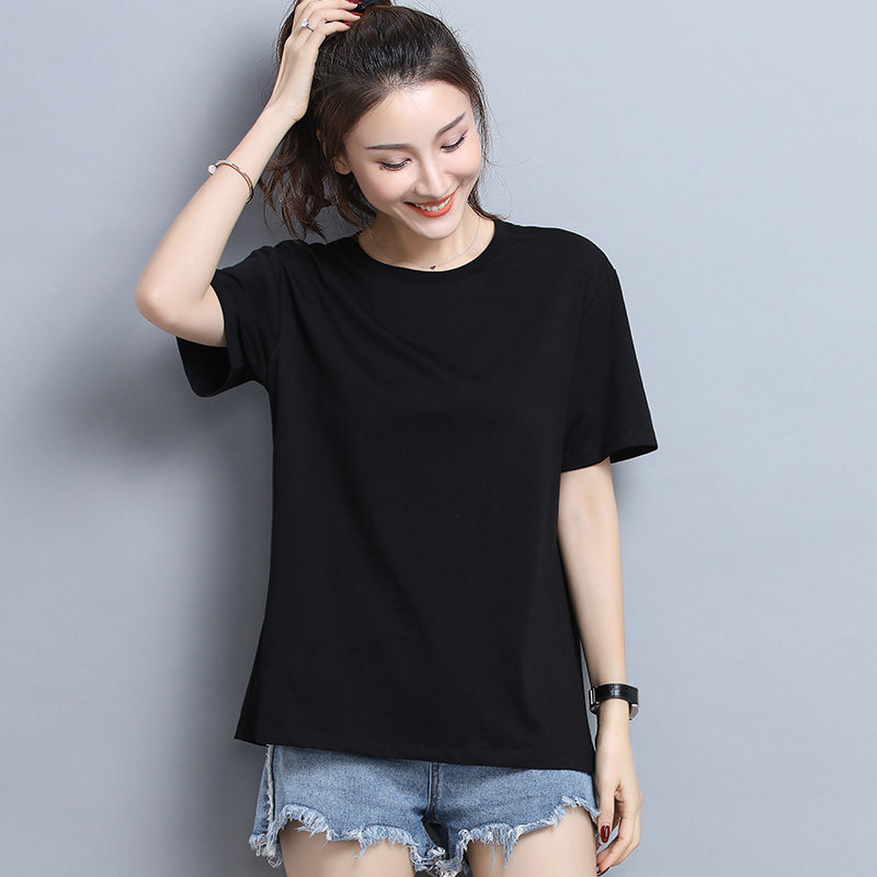 大码宽松恤女短袖黑色显瘦休闲纯棉纯色百搭t恤