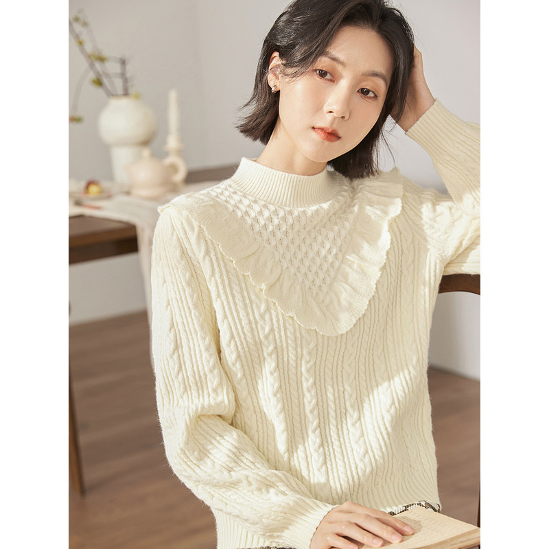 茵曼2022女装新款扭绳搬针肌理半高高领荷叶毛衣