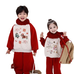 童装2025男女童圣诞加厚加绒套装卡通印花儿童红色卫衣两件套ak