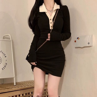 QY新款赫本风法式白裙长袖连衣裙女收腰气质显瘦中长裙