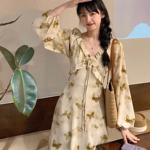 DG春季新款法式不规则气质显瘦小众设计感褶皱长袖v领连衣裙