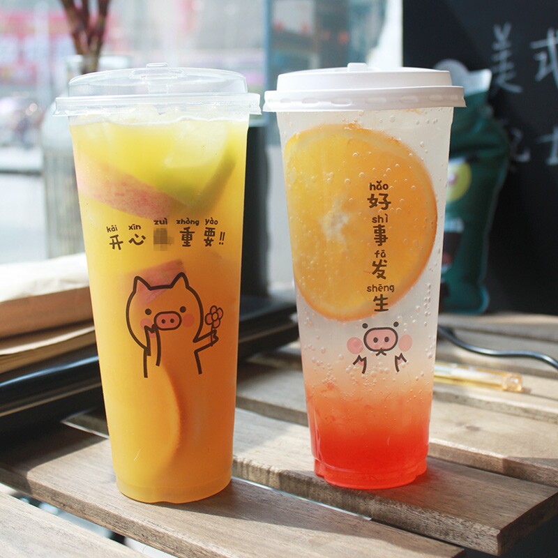 90口径一次性杯子塑料杯奶茶杯装果汁饮料700ml带盖网红1000只装