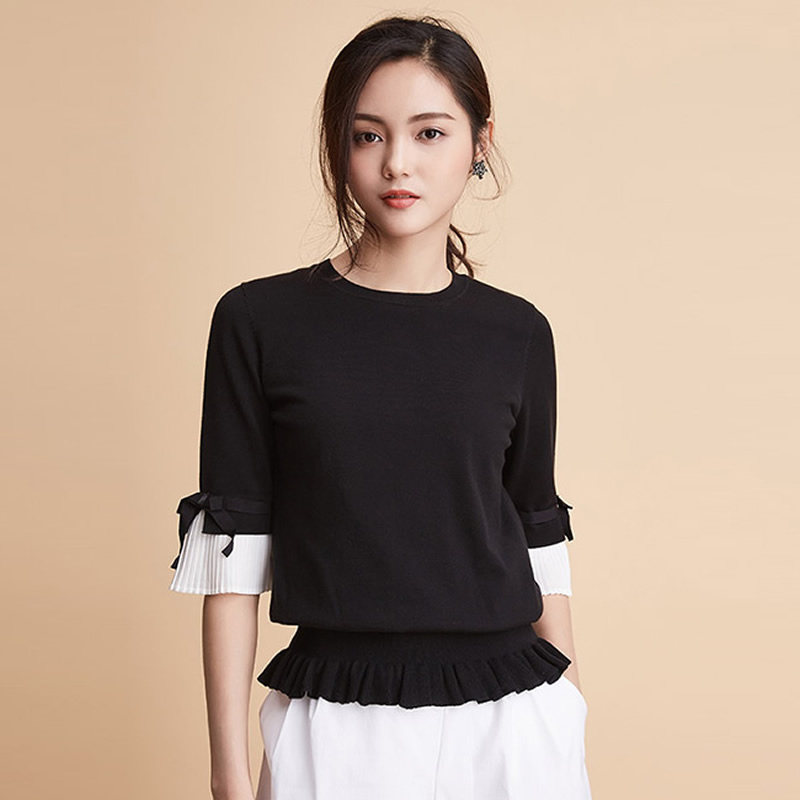 套头针织衫短袖恤收半袖哥弟黑色新款夏装春夏毛针织衫