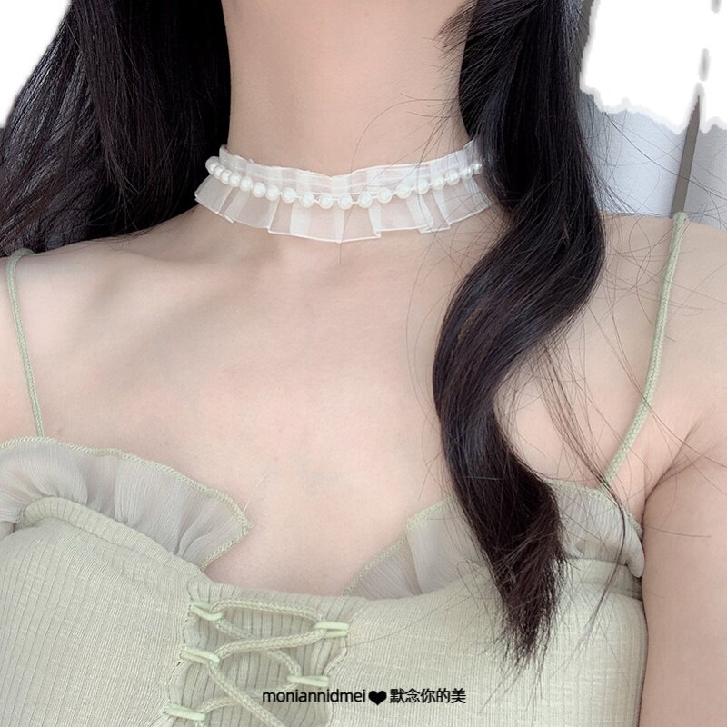 珍珠名媛公主甜美白色荷叶蕾丝简约choker少女项圈项链