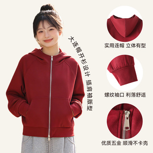 k-Free^Lancer新款女生卫衣红色德绒初中生连帽外套冬装过年穿搭