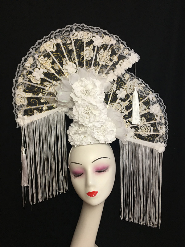 新款中国国风白色模特走秀比赛夸张奢华扇子头饰