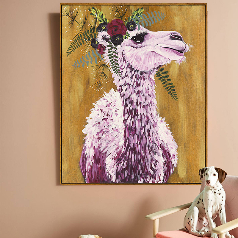 纯手绘装饰油画骆驼创意装饰画沙发背景墙客厅玄关竖版动物挂画