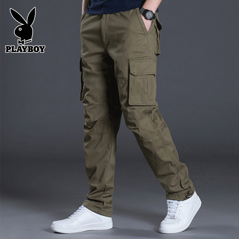 花花公子秋冬多口袋工装裤男士加绒直筒宽松休闲裤子中年纯棉长裤