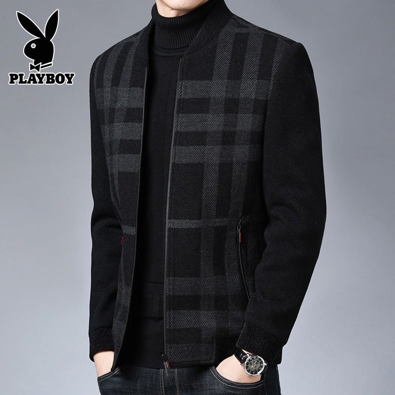 花花公子秋装外套男中年爸爸装春秋季休闲立领夹克男条纹呢子上衣