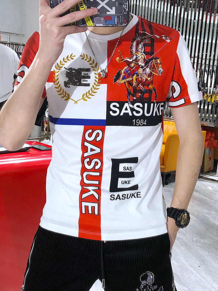 男士2021夏季新款个性潮牌印花烫钻修身帅气圆领百搭短袖T恤男潮