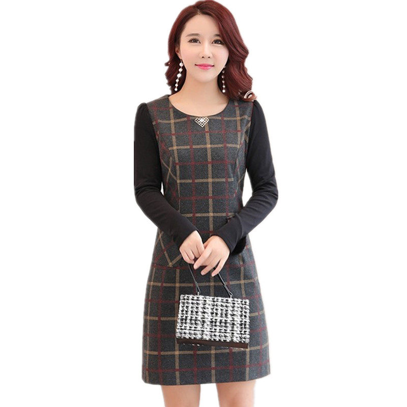 2020秋冬新款中年女装包臀裙子中长款显瘦加绒加厚格子毛呢连衣裙