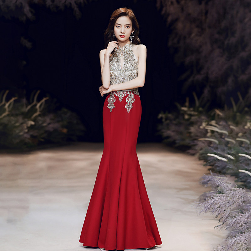 宴会晚礼服女气场女王2020新款鱼尾长款敬酒红色礼服