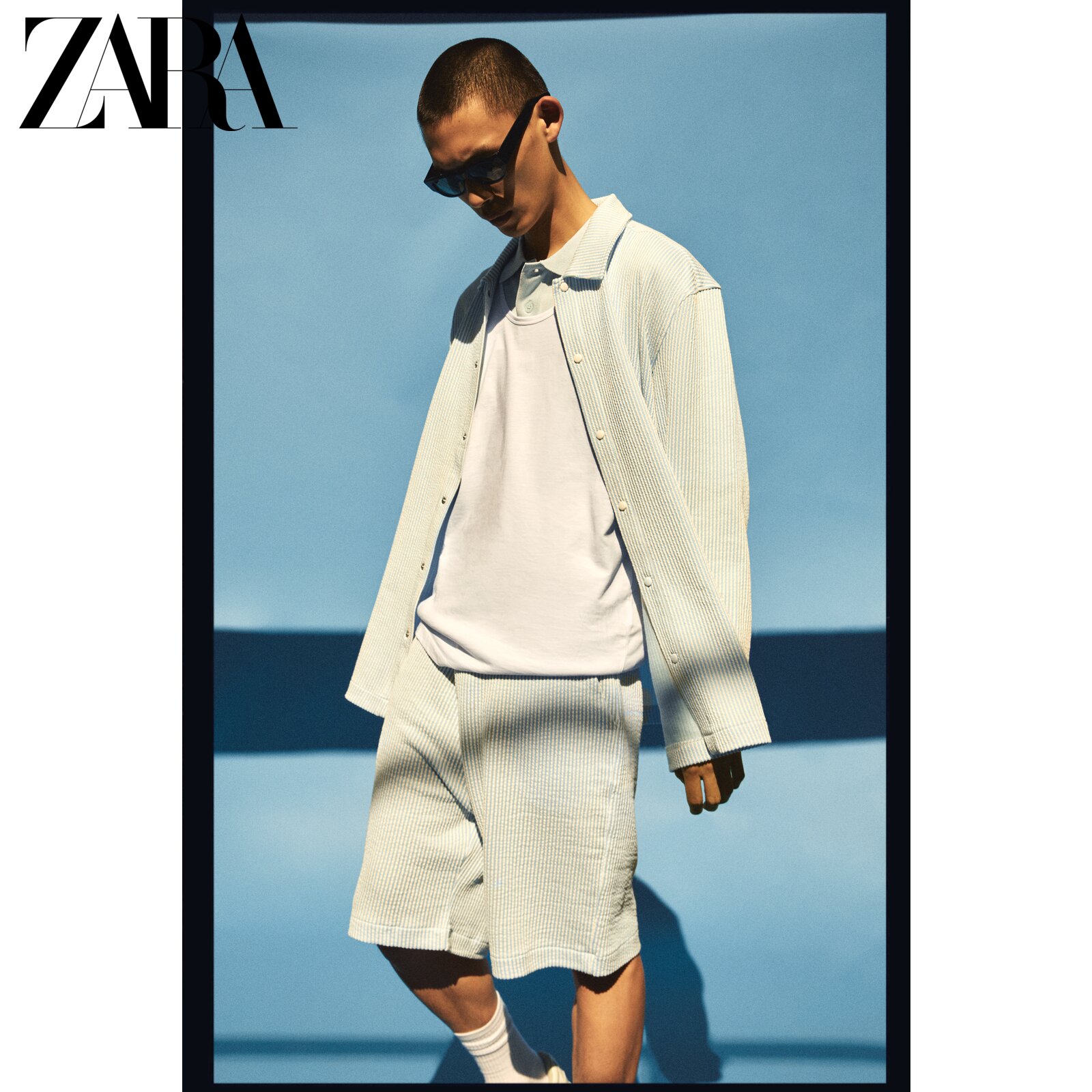 ZARA夏季男装 拼接泡泡纱休闲短裤 4087405 500