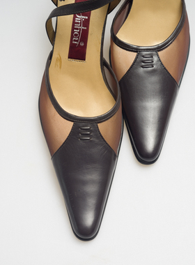 古着vintage尖头真皮复古拼色女鞋