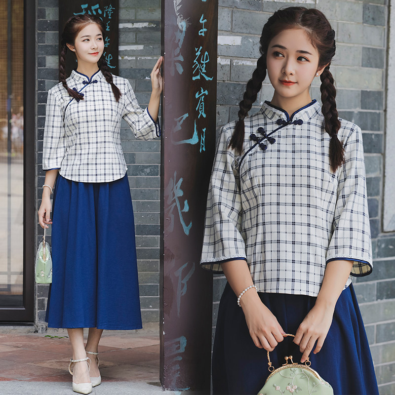 复古民国风女装 改良连衣裙女学生格子盘扣汉服两件套 旗袍中式 唐装