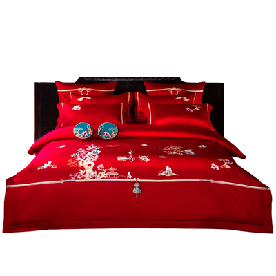 结婚十一件套大红喜庆百子刺绣被套140支全棉婚庆床上床品套件 原价