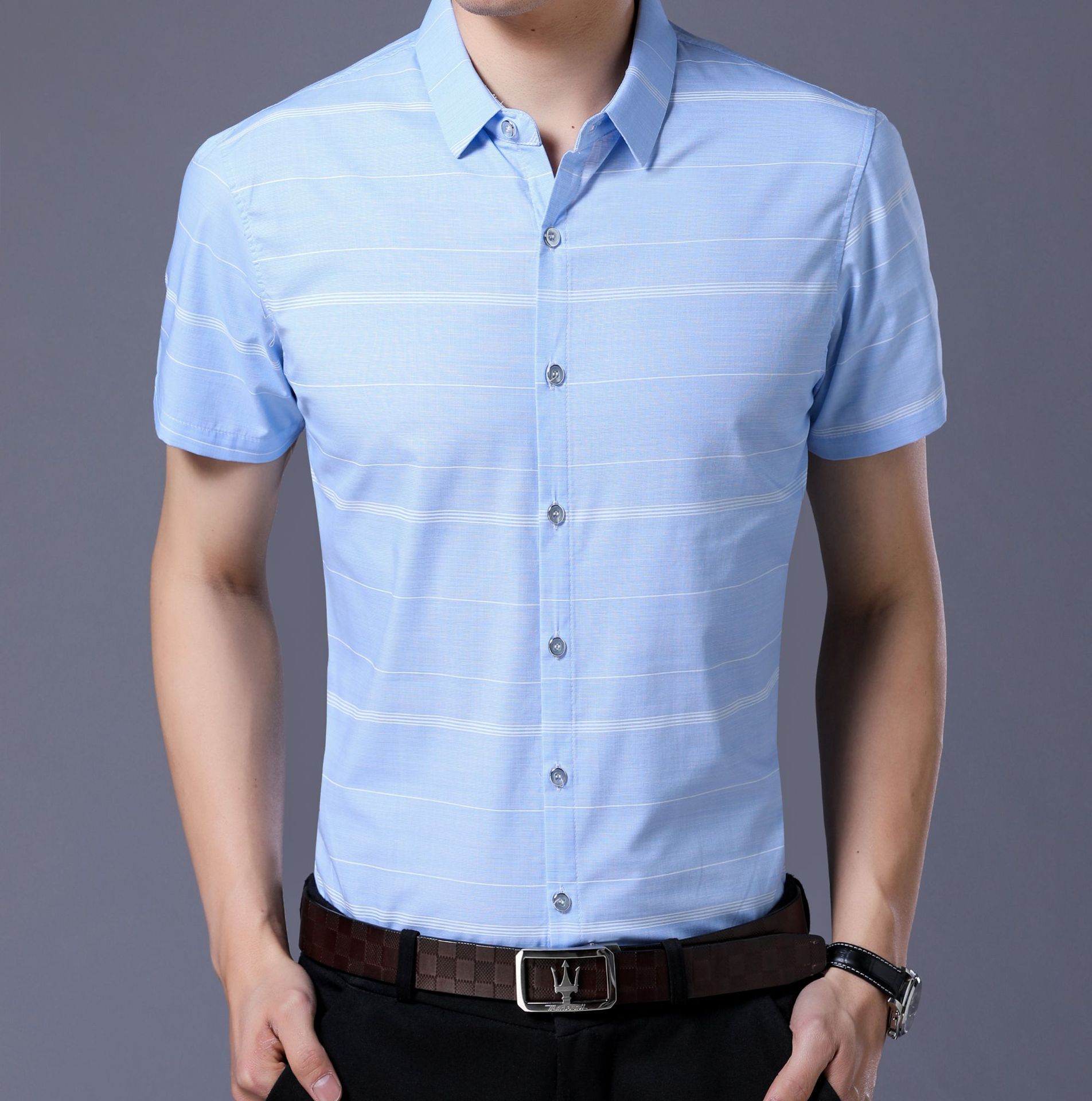 衬衫男士短袖夏季商务休闲透气条纹衣薄款潮
