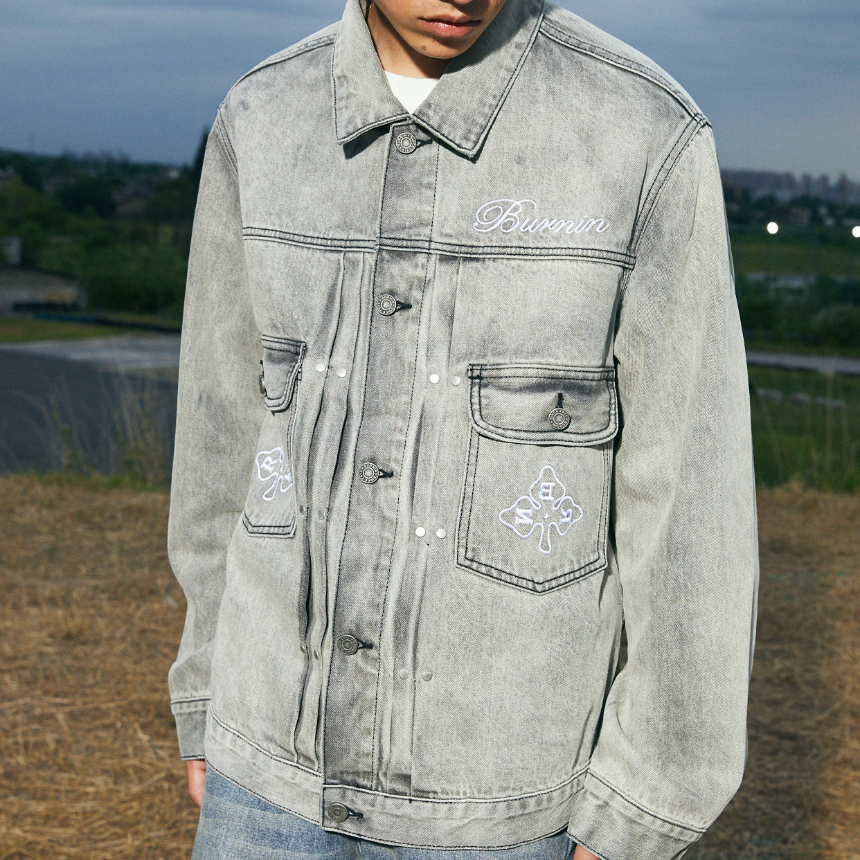 burnin梅花牛仔夹克水洗高街单排翻领外套美式夹克