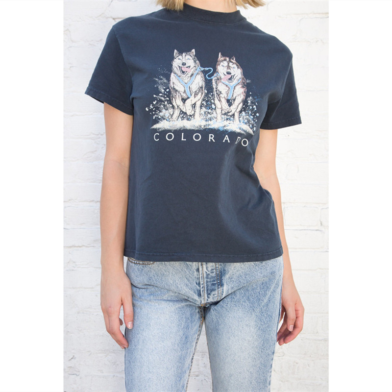 brandymelville旗舰店藏蓝蓝色全棉短款alaska哈士奇印花bmt恤